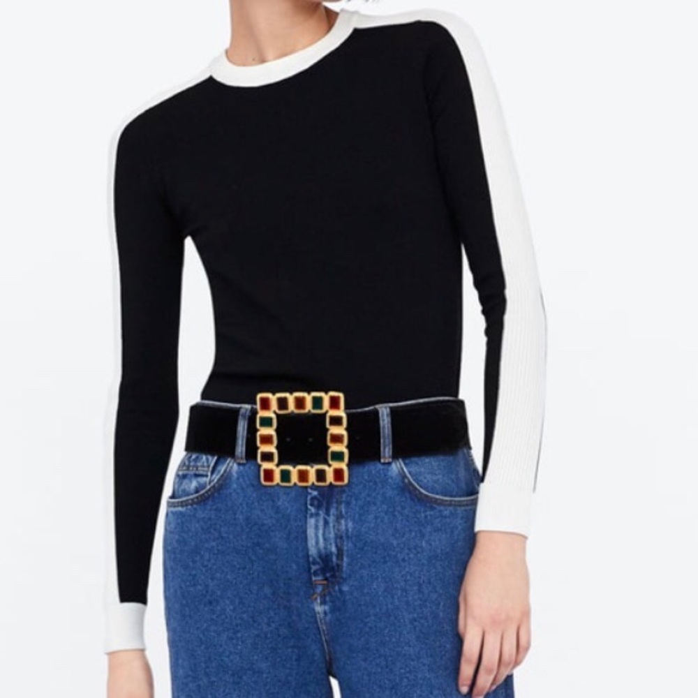 Zara Black White Side Stripe Sweater Top | US M